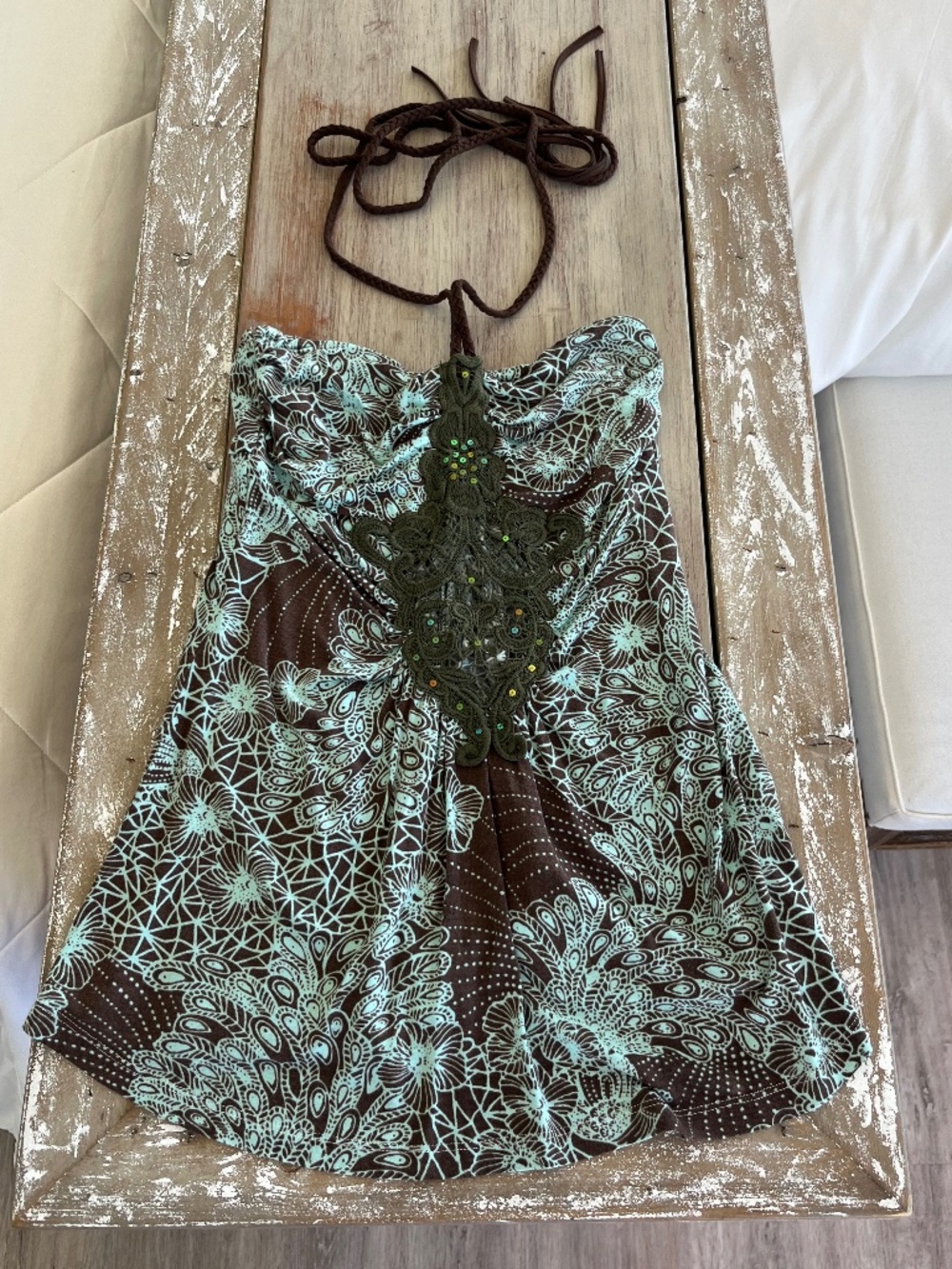 Soul Revival Y2K Halter Top Sequin Crochet Lace Boho Brown Mint Floral XS